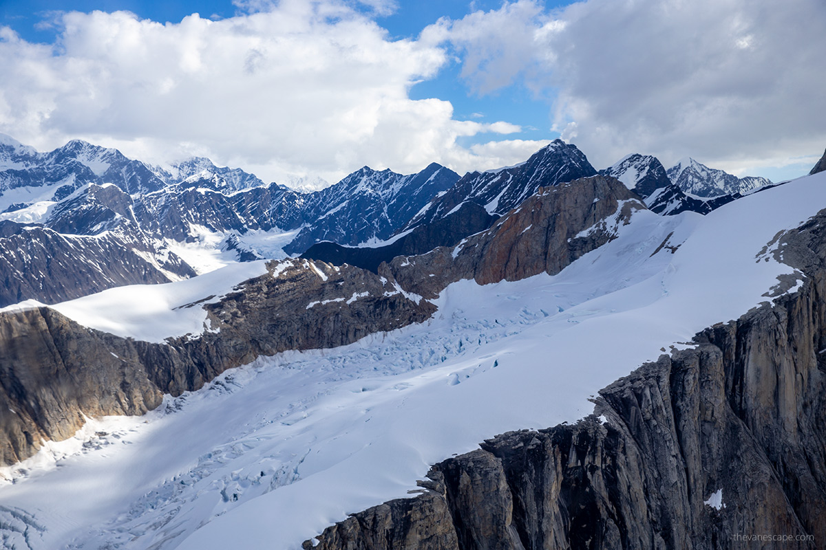 the view from Denali mountains and glaciers from scenic flight during Denali itinerary