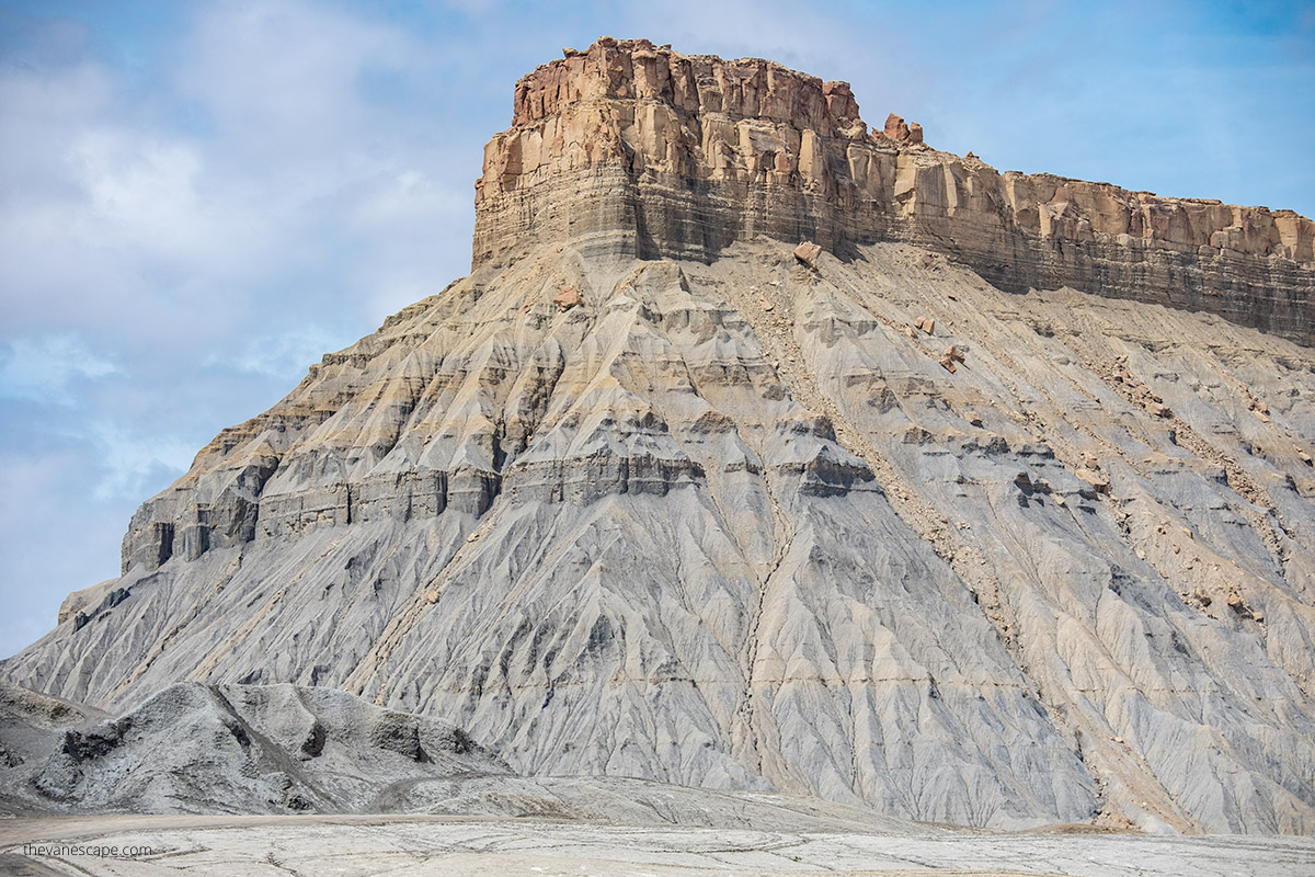 close-up of Factory Butte showing rock strata and rock surfaces