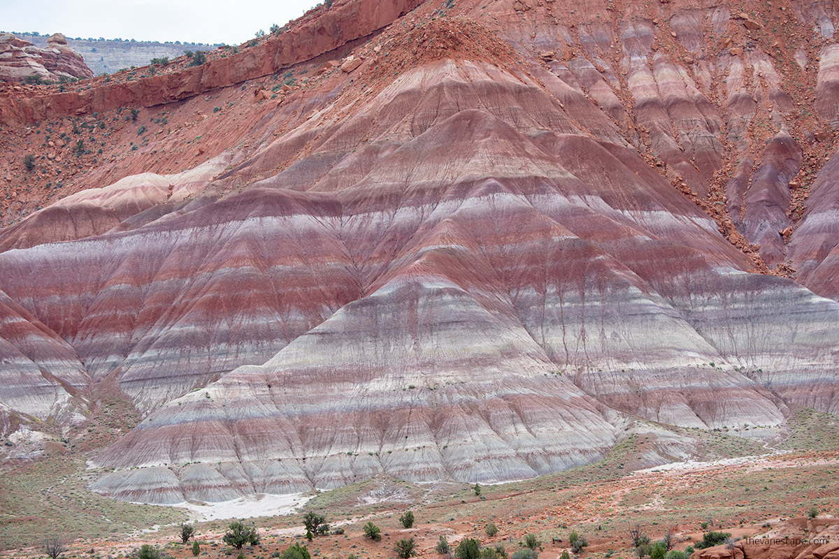 russet, red, brown, purple, grey, and white layers of Paria Rainbow Mountains rocks