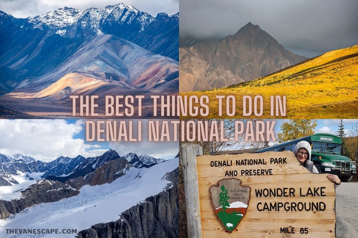 best things to do in denali national park- photo collage with several activities including Agnes on camping and view from scenic flight
