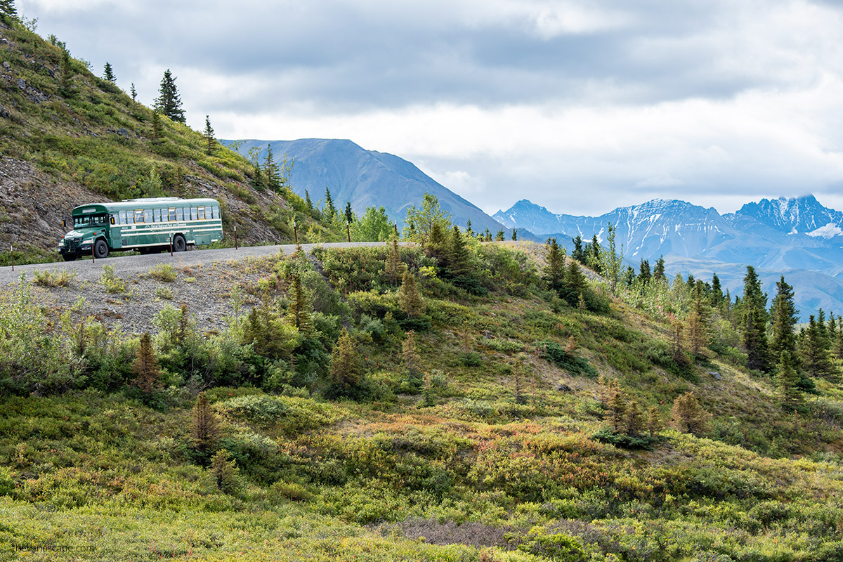 green transit bus with mountains in backdrop