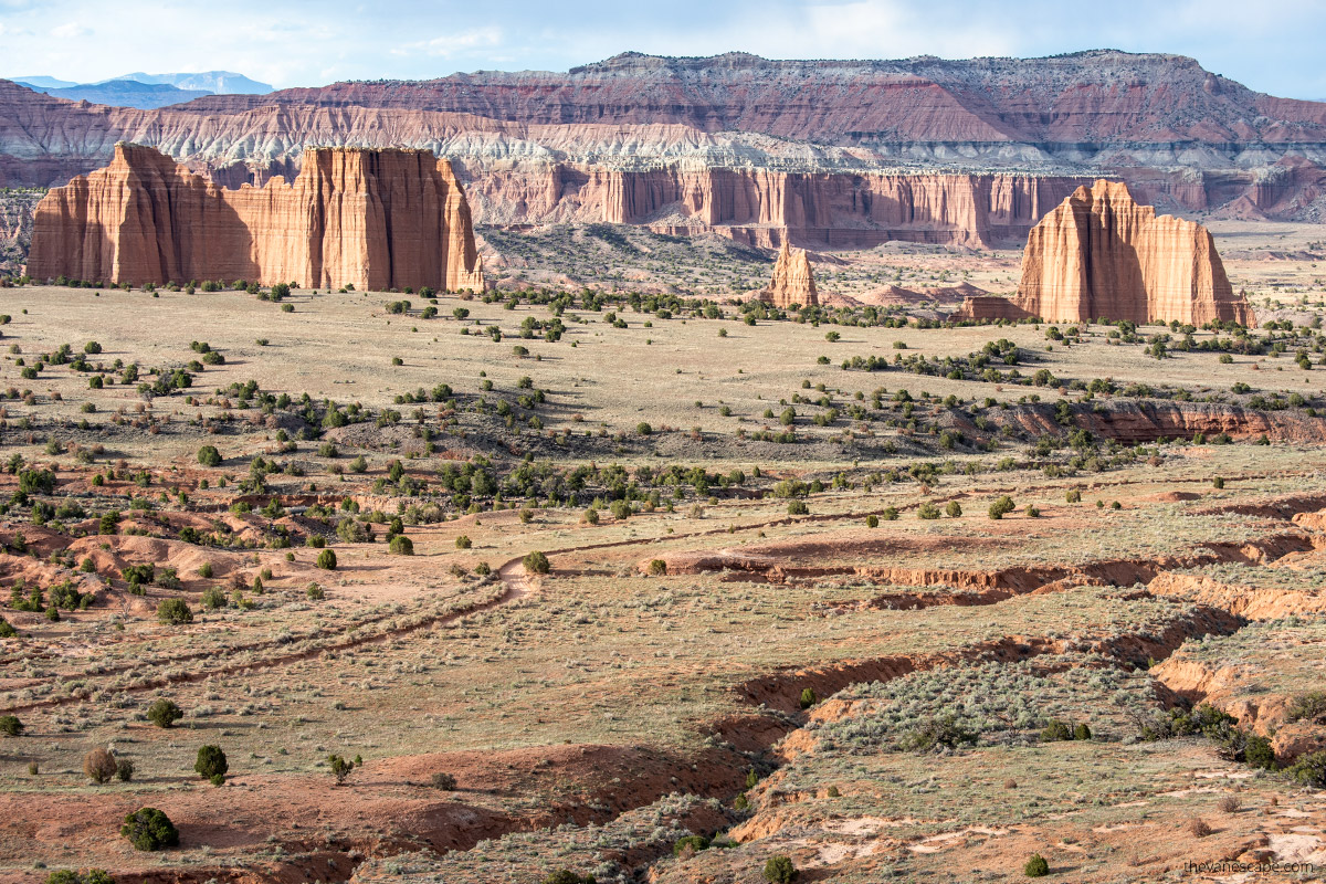 oranges landsccape of Cathedral Valley in Capitol Reef National Park from the upper overlook