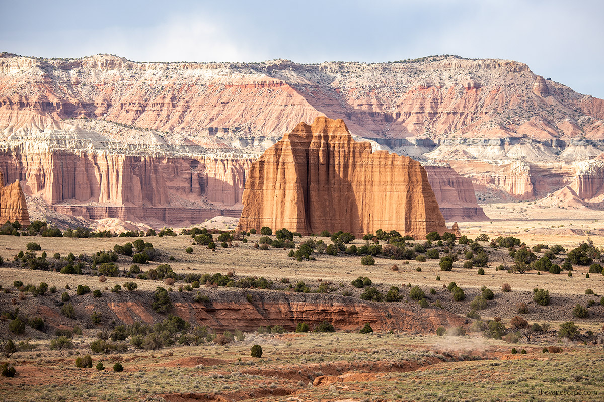 massive orange rock walls in Cathedral Valley before sunset - the view from the overlook