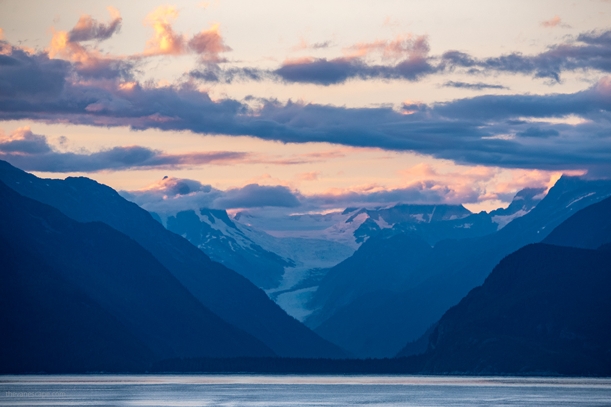 sunset and glacier view from Alaska cruise ship