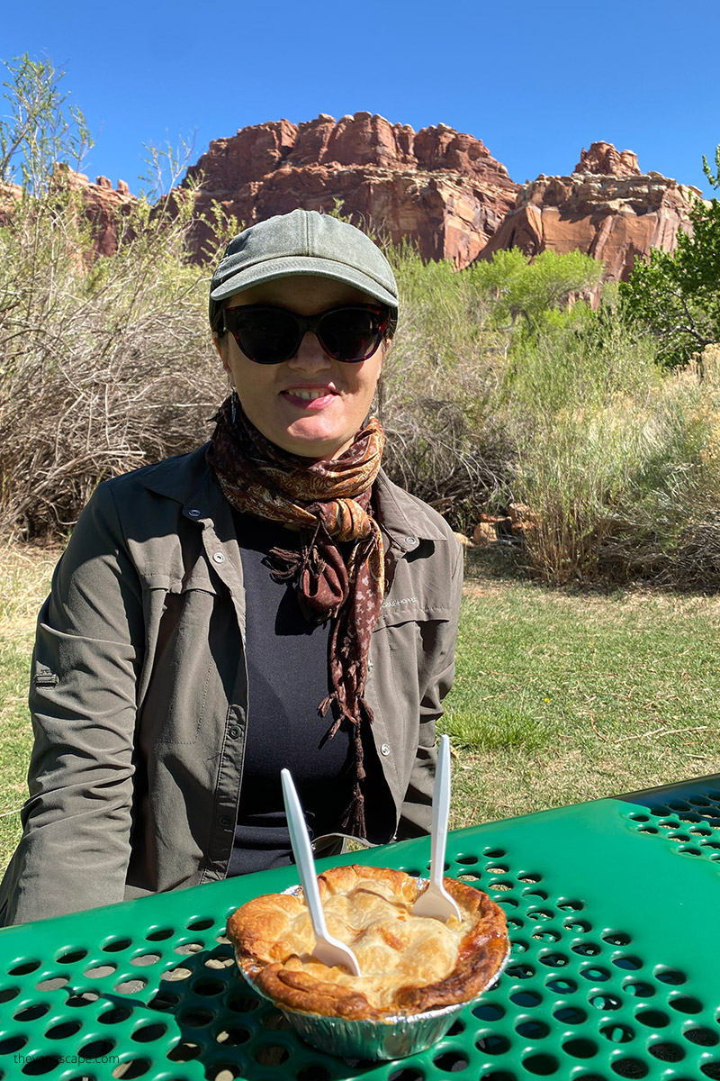 happy Agnes eating pie in Gifford Homestead in Fruita.