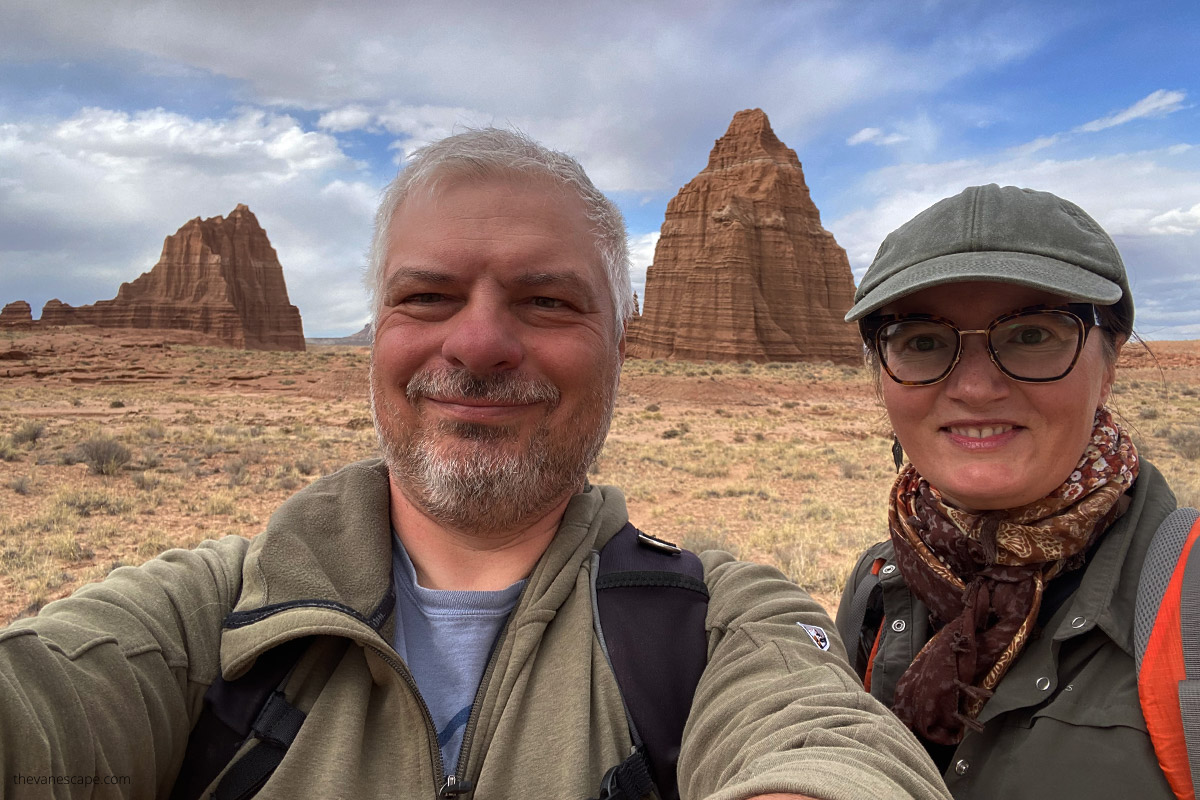 Agnes Stabinska and Chris Labanowski, the owners of the Van Escape blog with stunning temple of the sun and temple of the moon in Cathedral Valley. 