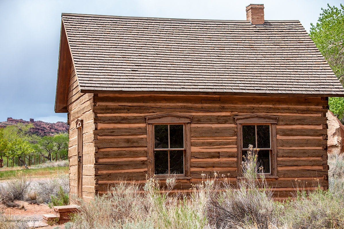 wooden small buildling of Historic Fruita Schoolhouse.
