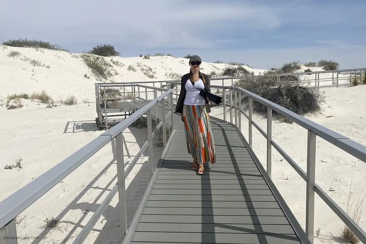 Agnes Stabinska, author, on the Interdune Boardwalk which is the only accessible trail in the White Sands National Park.