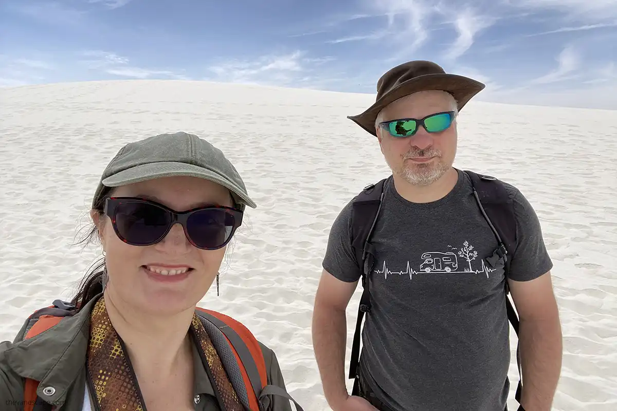 Agnes and Chris hiking in White Sands National Park.