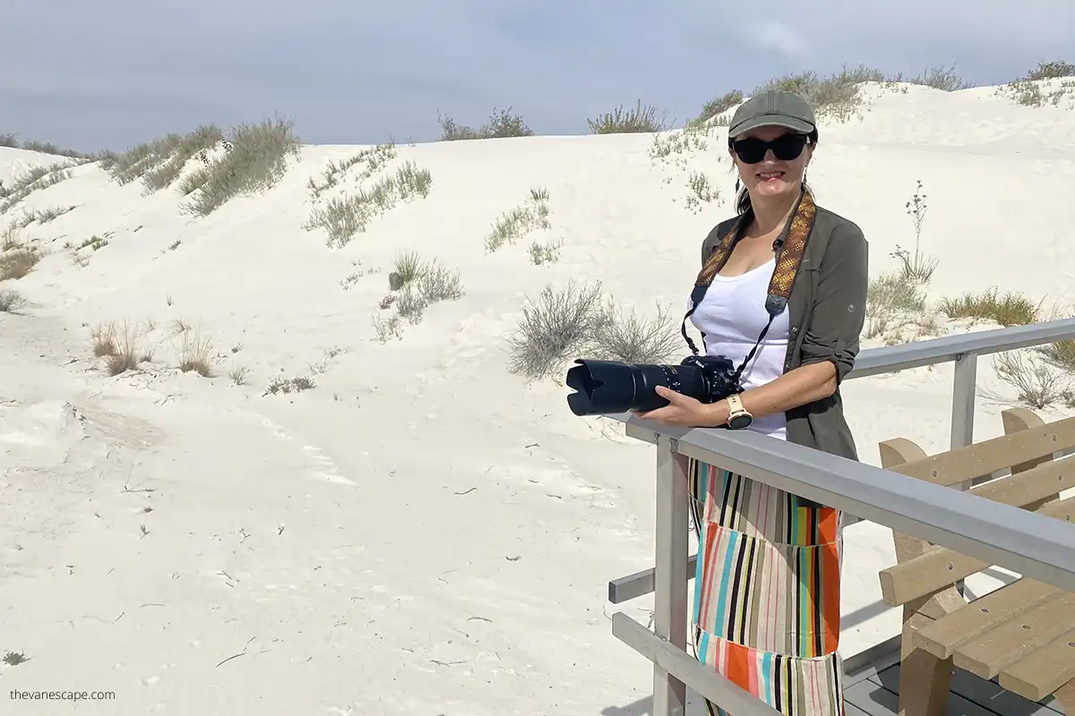 Agnes Stabinska, the author, with her camera photographing dunes in White Sands National Park.