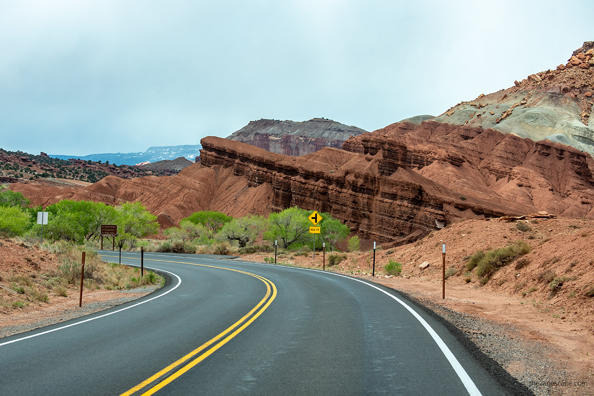 scenic driving route to Fruita from Hanksville - colorful rocks along the way.