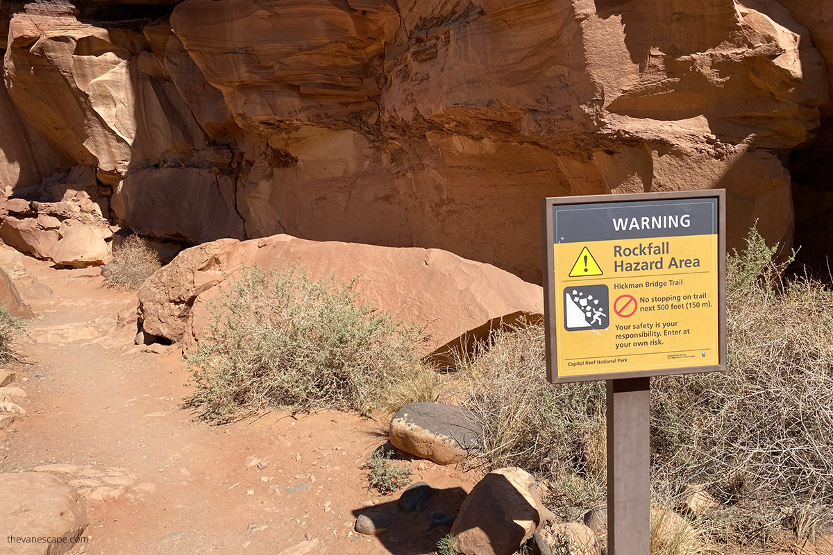 Worning rockfall hazard area on the Hickman Bridge trail.