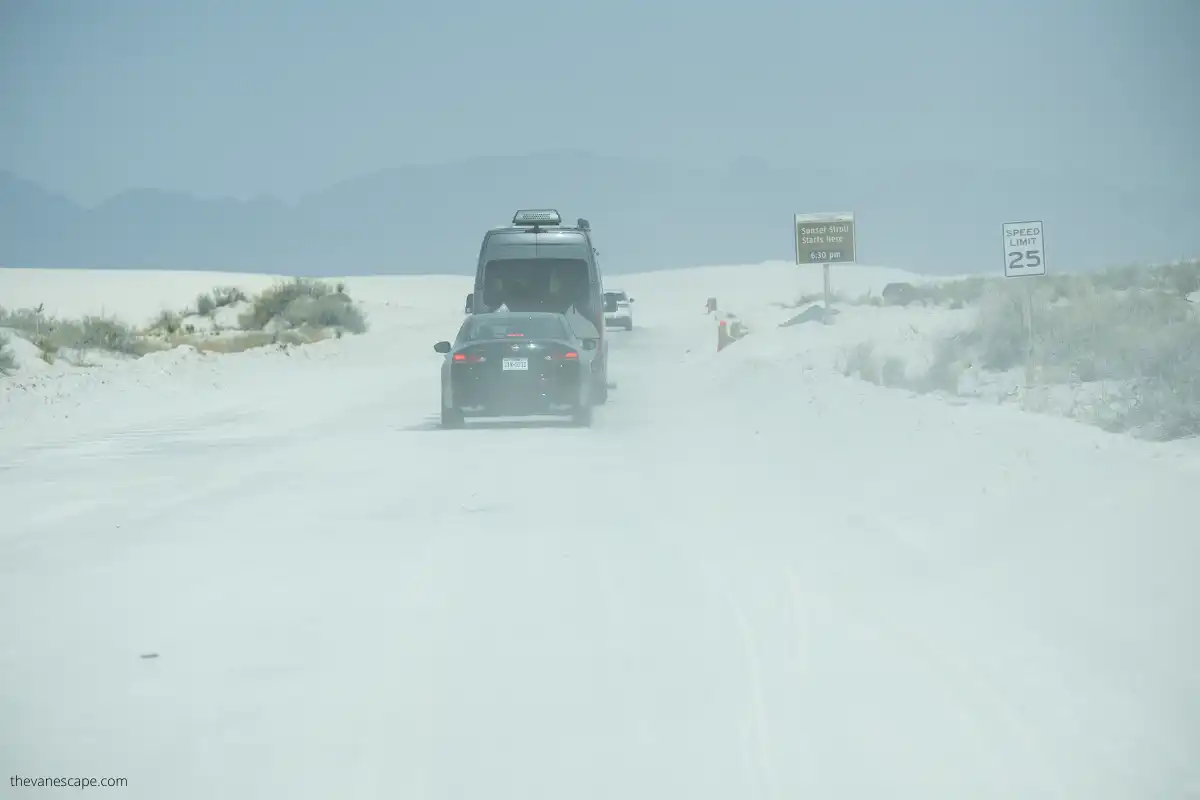 poor visibility on Dunes Road due to wind and dust.