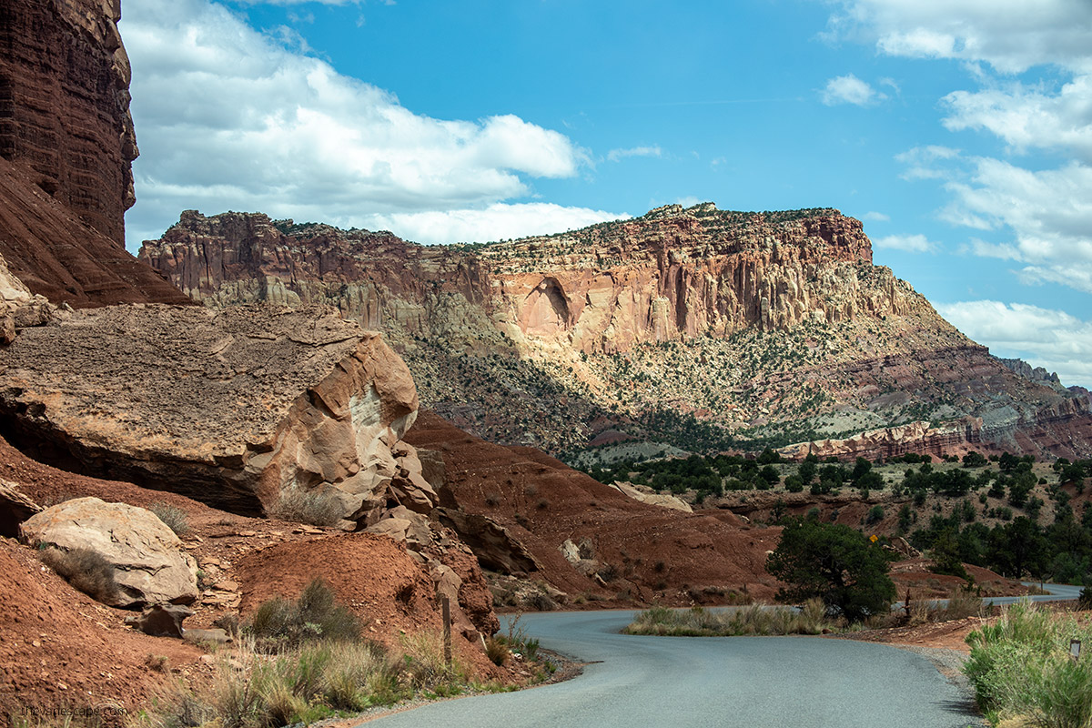scenic drive in capitol reef - serpentine road and stunning rocks vistas.