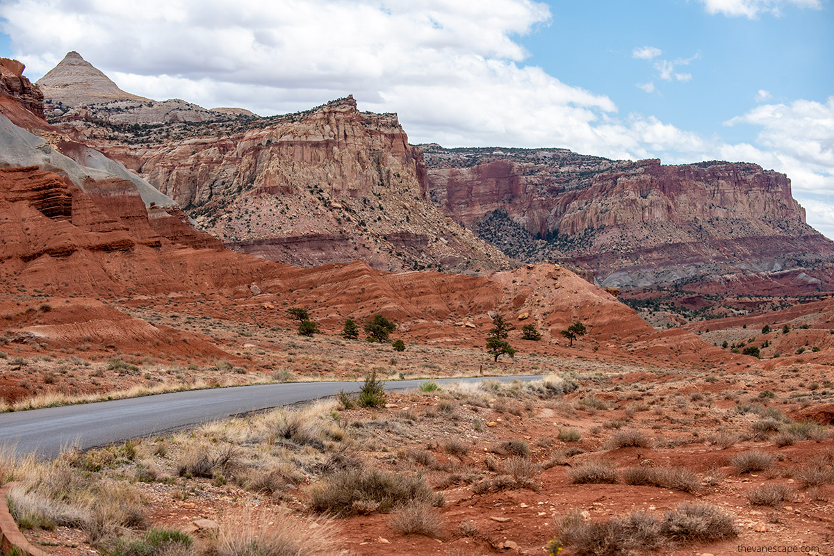 scenic drive in capitol reef national park - oranges and purple rocks formations along the way. 