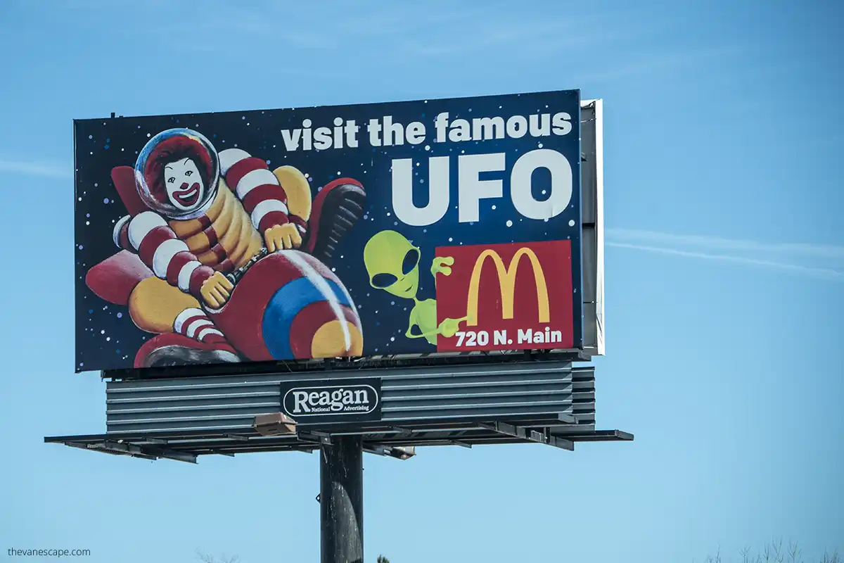 Advertising poster about visiting famous UFO McDonalds in Roswell.