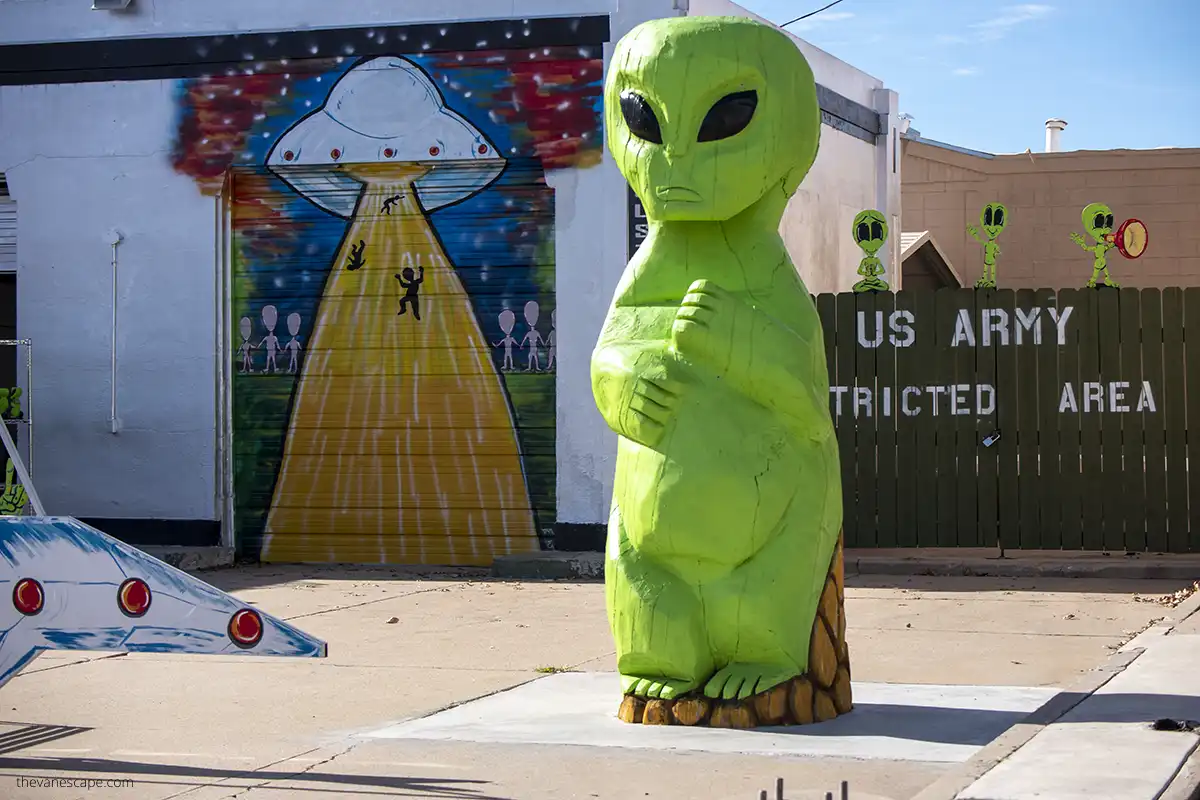 Roswell New Mexico attractions - huge green Alien statue on the main street.