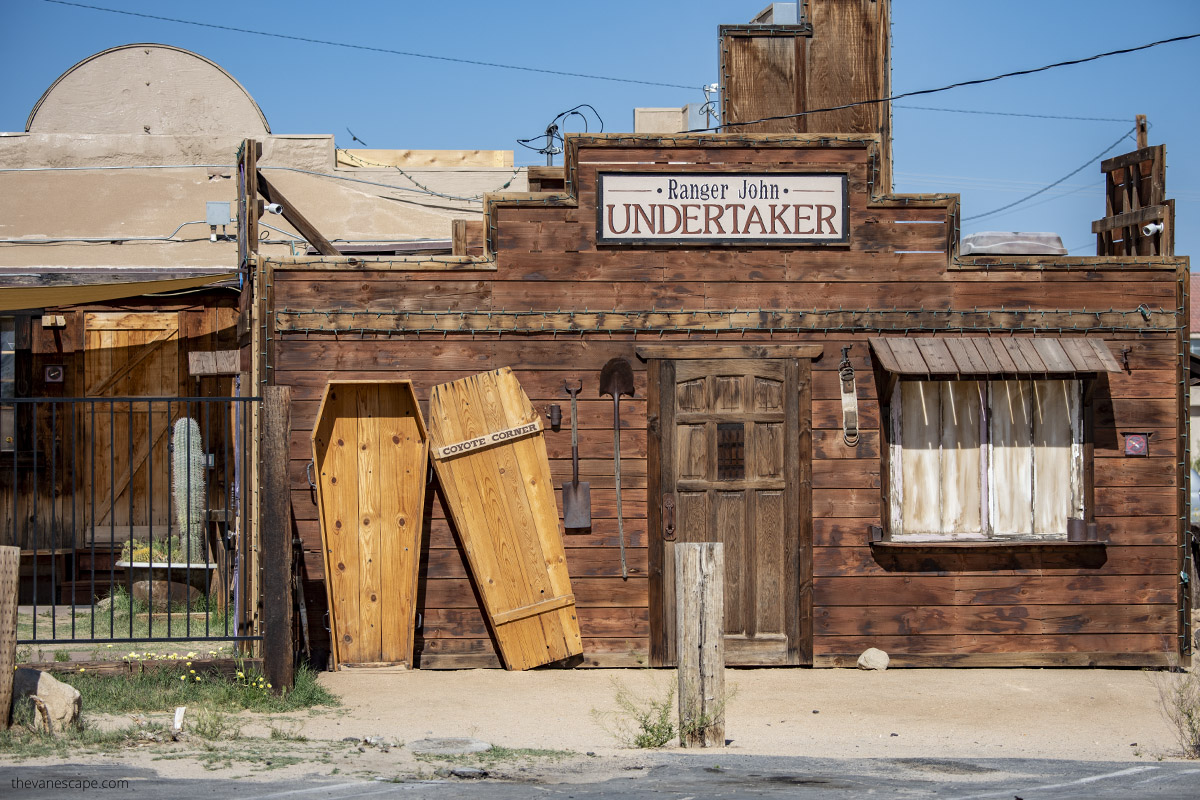 The historic Pioneertown and wooden buildling of the Ranger John Undertaker.