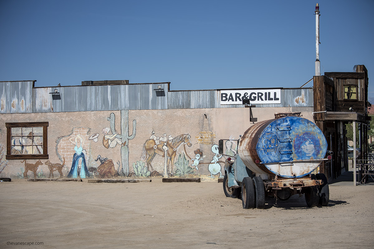 Bar and Grill with Old West mural on the wall in Pioneertown.