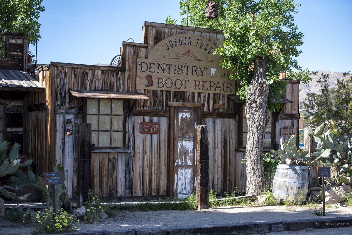 Wooden buildling of Dentistry and Boot Repair in Pioneertown.