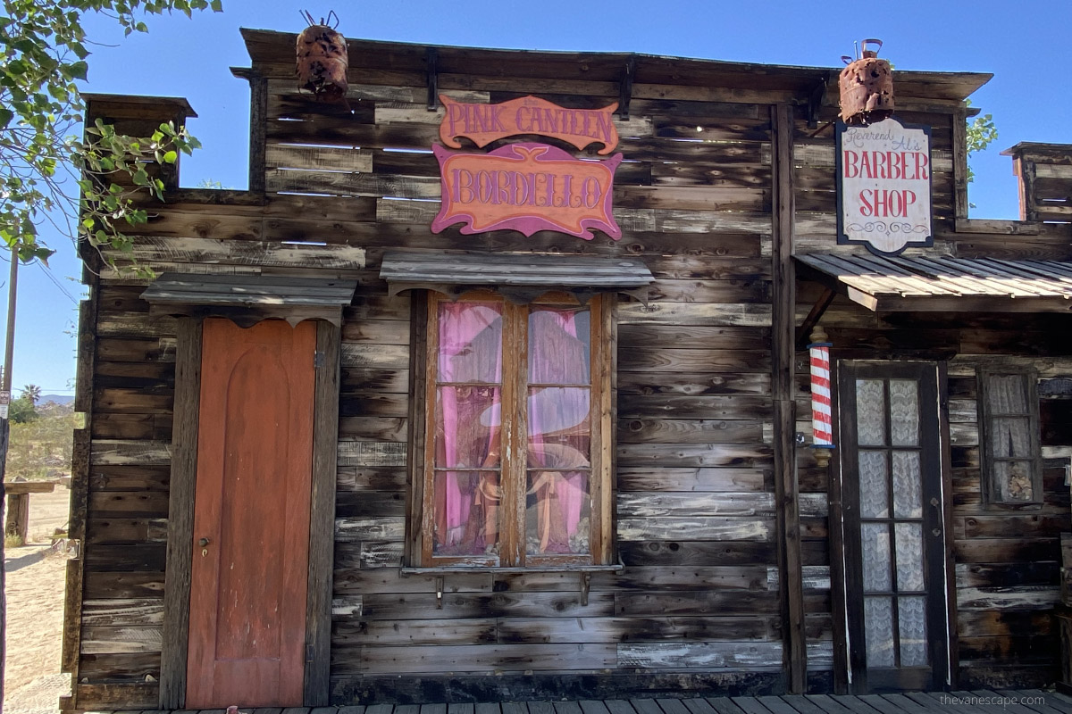 Wooden Barber Shop and Pink Canteen Bordello in Pioneerpark.