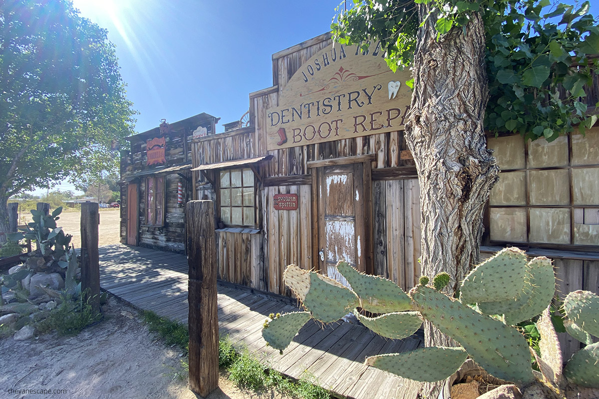 Pioneertown in Joshua Tree with the old wooden dentistry and boot repair buildling.